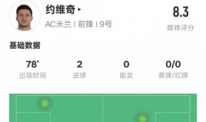开云-约维奇本场数据：2射门2射正2进球2解围2争顶成功，评分8.3